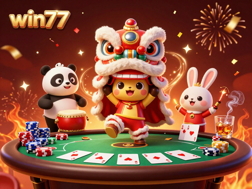 Menangkan permainan di win77 dengan suasana meriah dan karakter unik dalam ilustrasi kasino 3D.