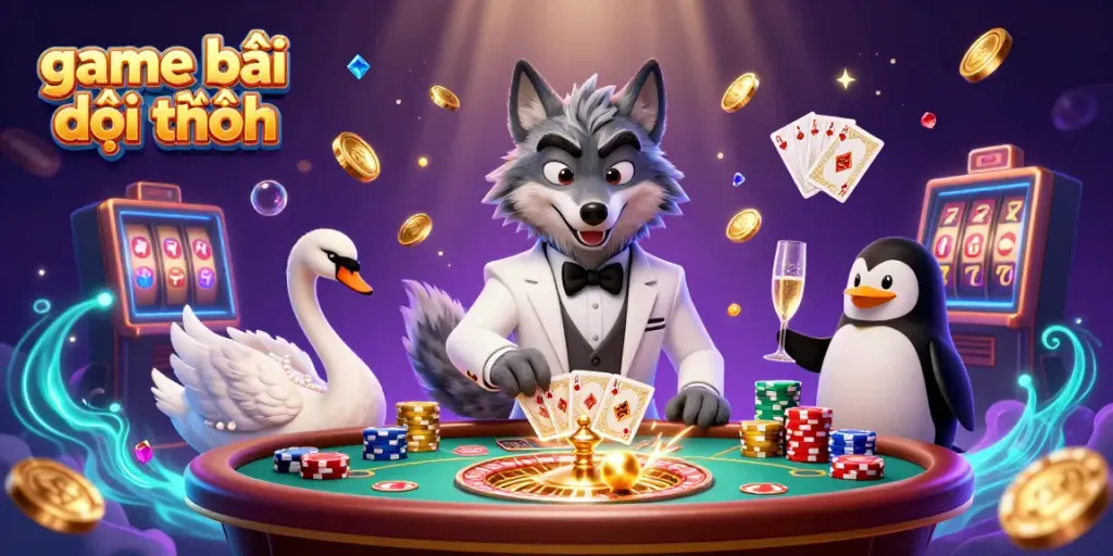 Experience excitement at the game bài đổi thưởng with a wolf, swan, and penguin in a vibrant casino scene.