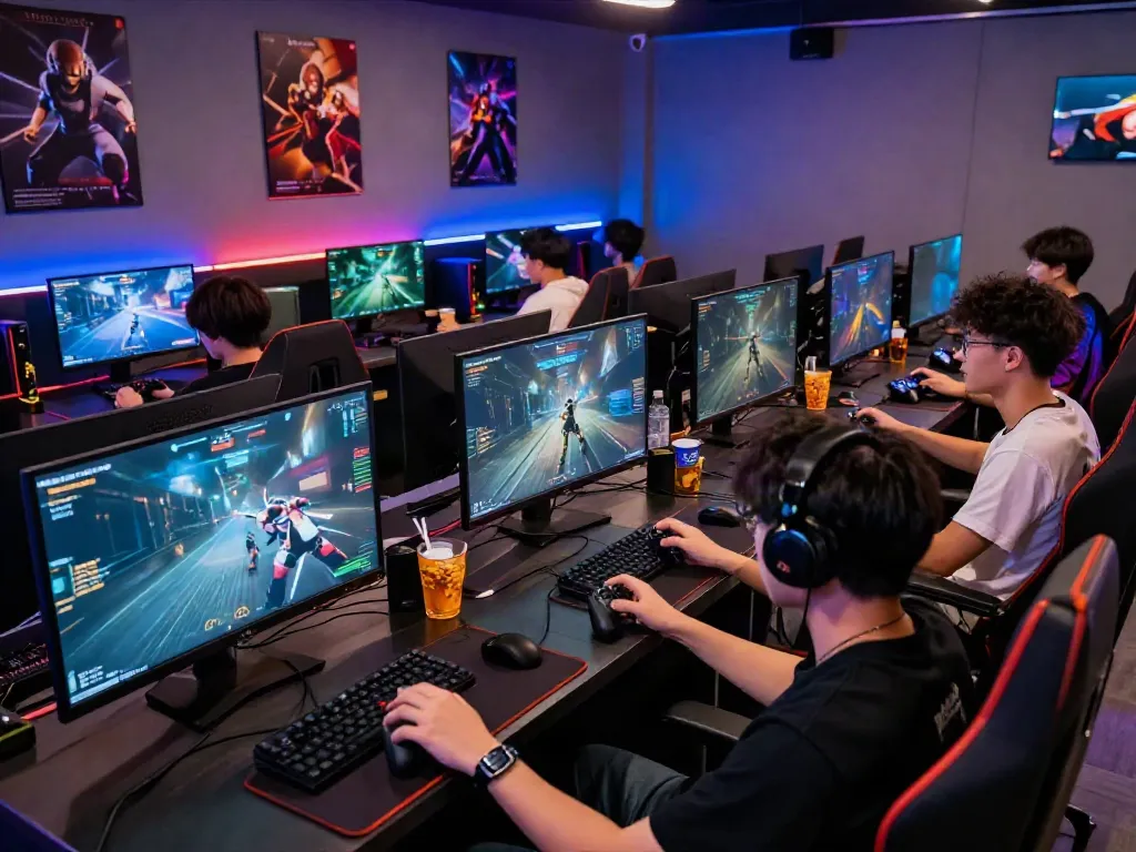 Group playing qqmacan in a vibrant gaming lounge filled with excitement.