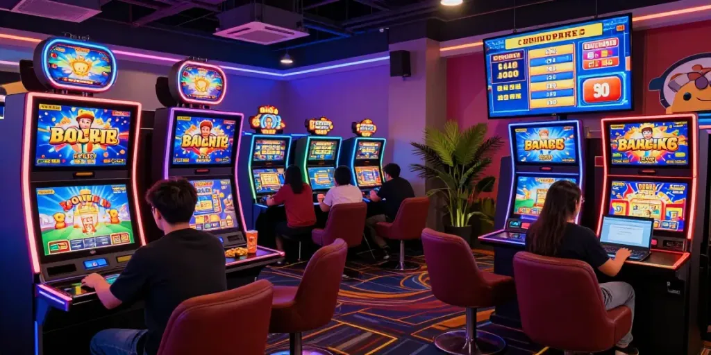 Exciting gambling scene showcasing vibrant slot machines and link alternatif proplay88 information in a lively online casino atmosphere.