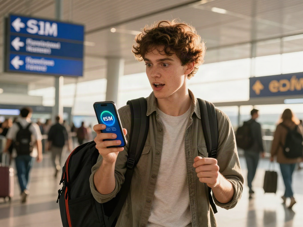 מטייל בשדה תעופה בזמן חיפוש חבילת Esim לחול, מבט על סמארטפון עם אפשרויות eSIM.