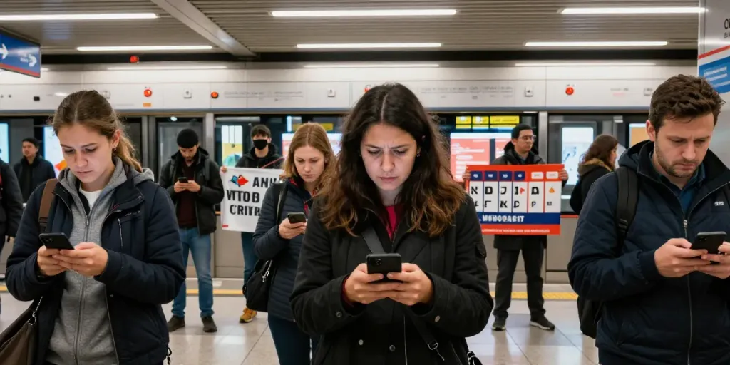 Public strikes affecting commuters in a busy metro station, showcasing real-time updates and community impact.
