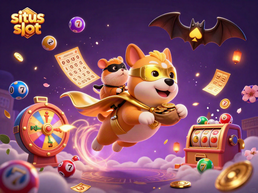 Experience situs slot excitement with a superhero dog flying through golden coins amidst dynamic casino elements.