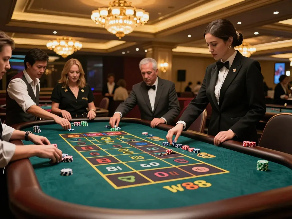 Experience the thrill of w 88 at a vibrant roulette table with players placing bets.