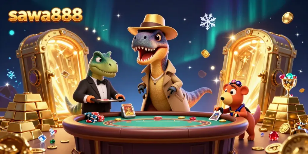 Engage with sawa888, a thrilling blackjack scene featuring a velociraptor card counter and stegosaurus pit boss.