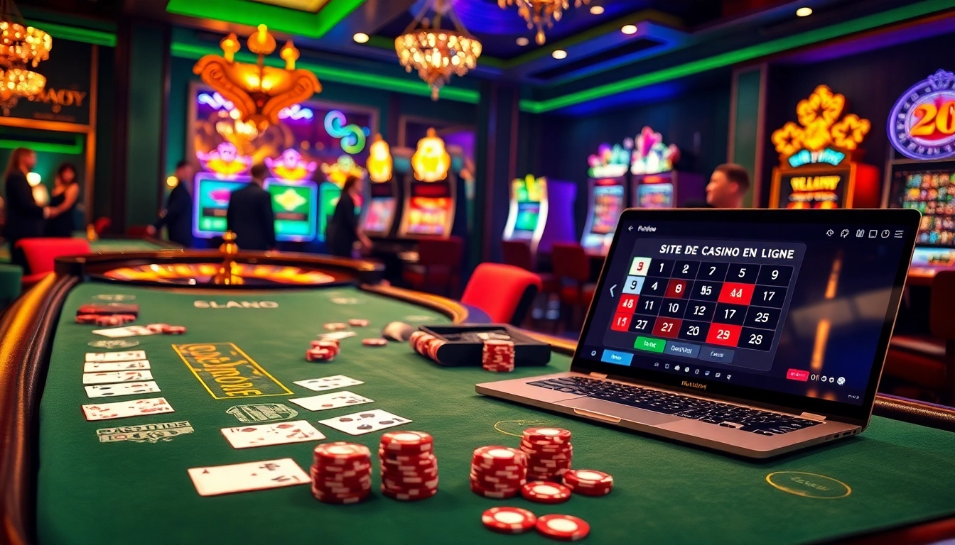 Une scène captivante d'un casino en ligne avec une table de poker, mettant en avant l'excitation du site de casino en ligne.