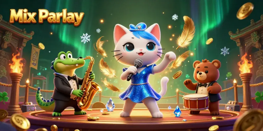Experience the thrill of Mix Parlay betting with a vibrant 3D illustration of characters and casino elements.