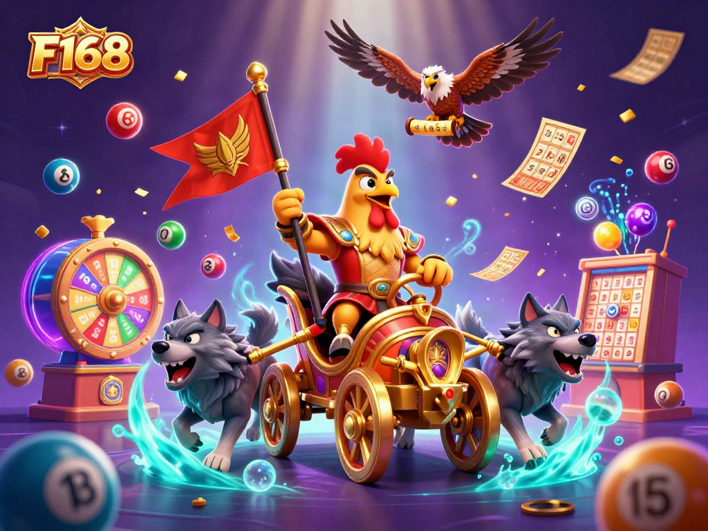 Win big at F168 with a dynamic 3D illustration featuring a rooster warlord and explosive casino elements.