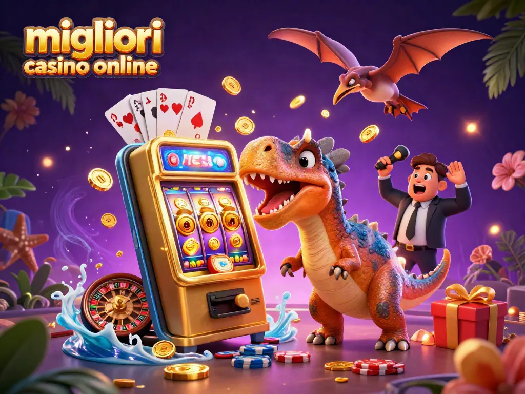 Giocando nei migliori casino online con un pachycefalosauro che colpisce una slot machine e monete volanti