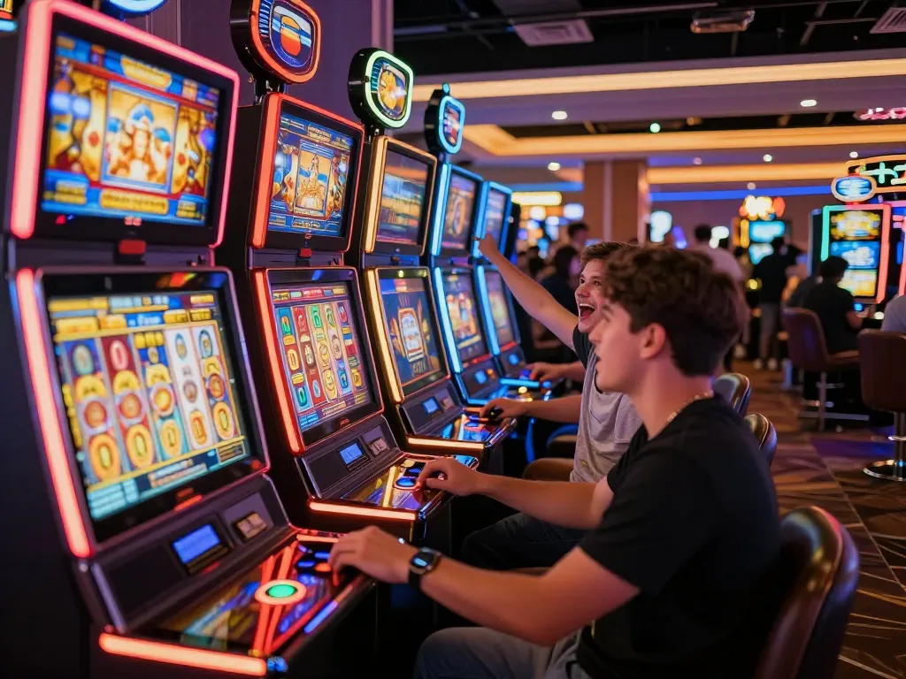 Pemain merayakan kemenangan di mesin slot zeus dalam suasana kasino yang penuh warna.
