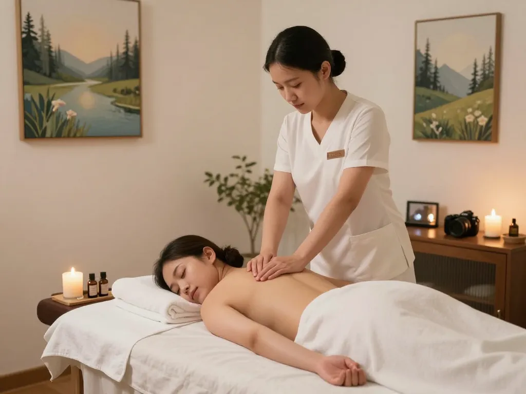 Relaxing 1인샵 massage session in a serene therapy room with candles and soothing decor.
