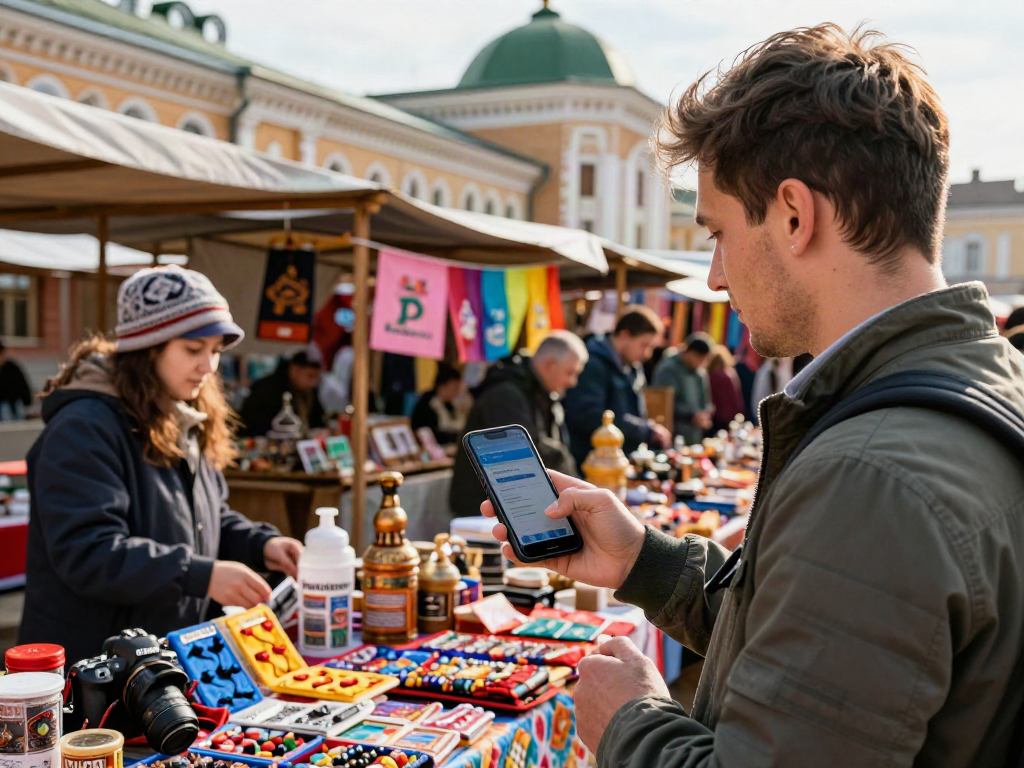 Pembayaran menggunakan aplikasi https://payinrussia.com/ di pasar tradisional Rusia.