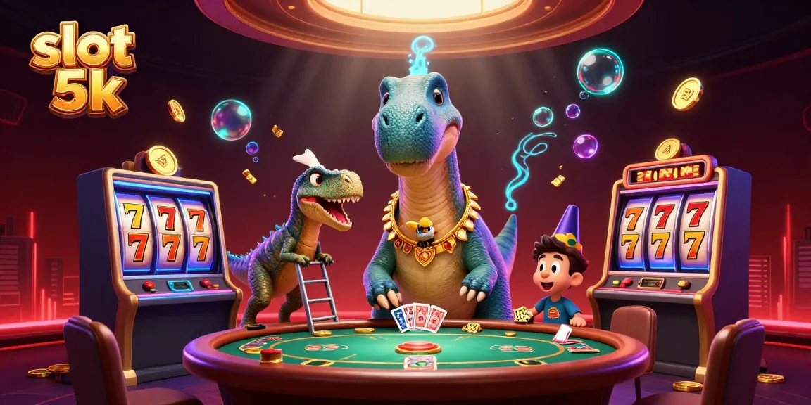 Spin the reels at slot 5k with an enchanting brontosaurus and raptor dealer in a vibrant casino scene.
