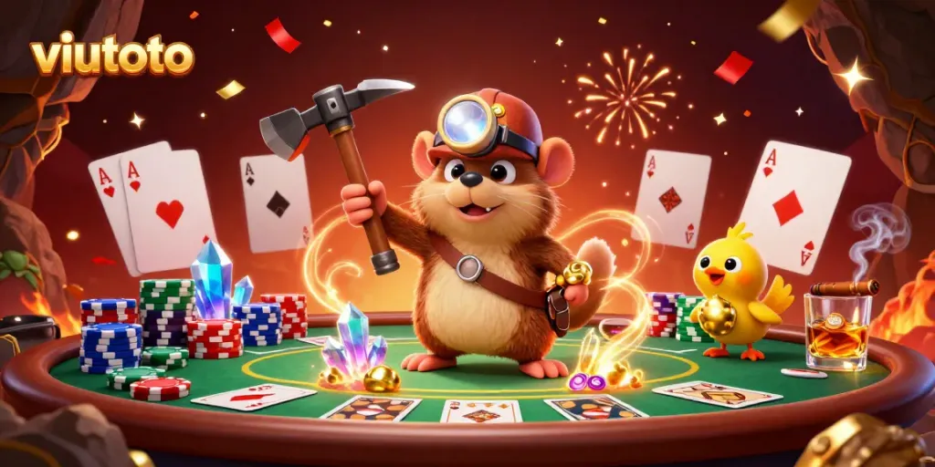 Memenangkan taruhan dengan viutoto di atas meja poker yang dikelilingi chip warna-warni dan confetti meriah.