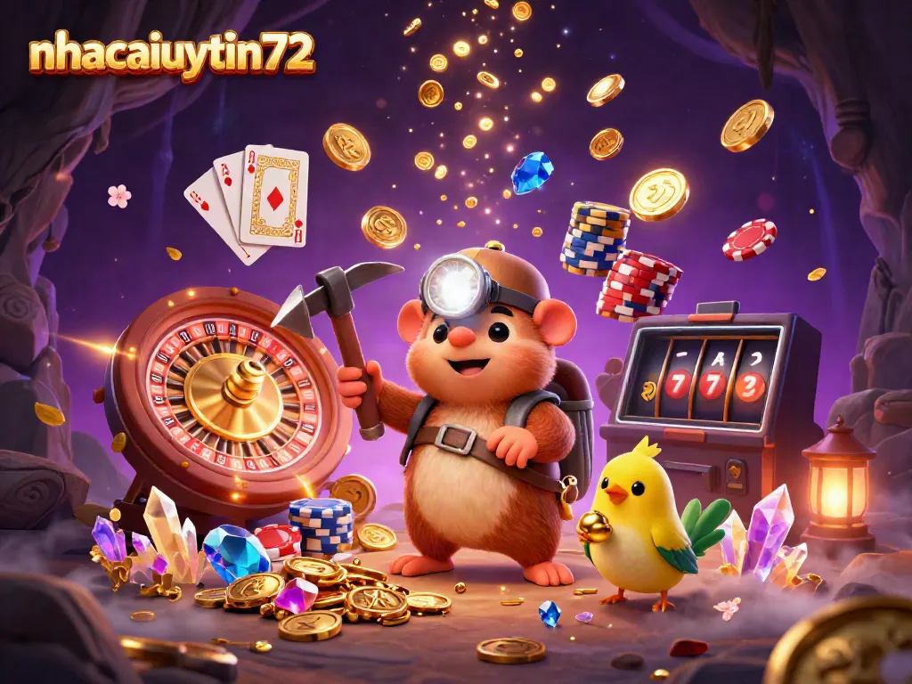 Engaging scene at nhacaiuytin72 where a mole explores treasure-filled cave with dynamic casino elements.