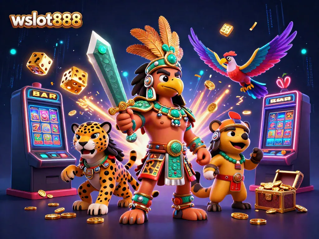 Permainan jackpot menarik di wslot888 dengan karakter Aztec dan mesin slot.