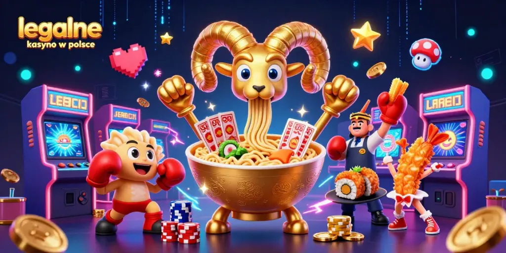 Experience the thrill of legalne kasyno w polsce with illustrated casino-themed characters and arcade game elements.