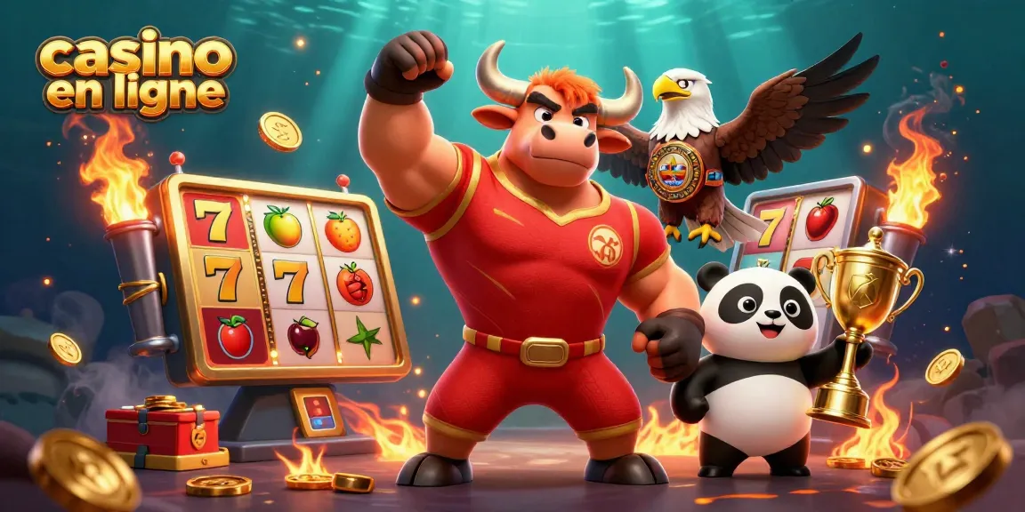 Exploitez les gains du casino en ligne avec un taureau victorieux, un panda joyeux, et des éléments dynamiques.