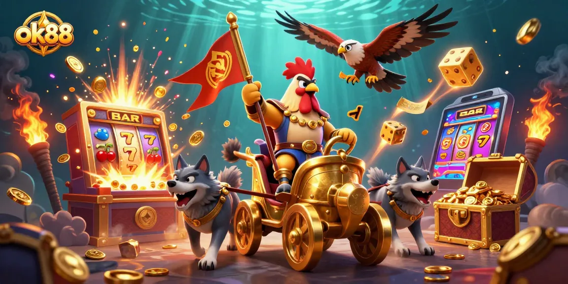 Spin the reels with ok88's dynamic 3D casino illustration featuring vibrant gaming elements and action-packed visuals.