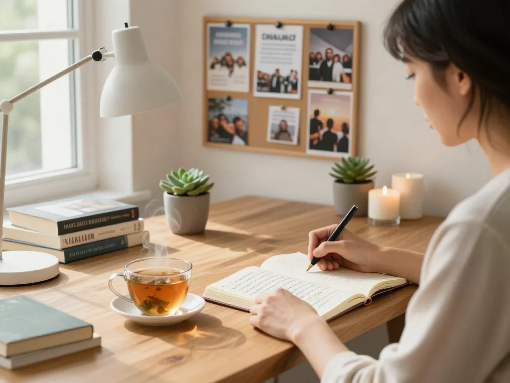 A cool way to improve personal growth in a serene home office scene with journaling.