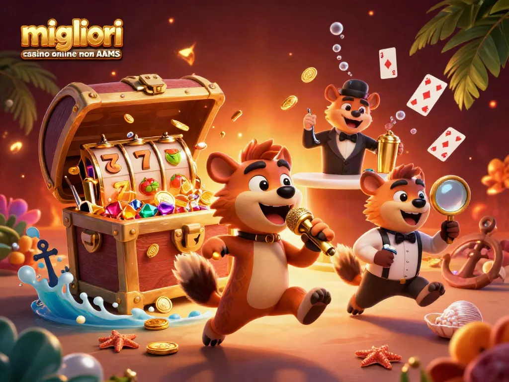 I migliori casino online non AAMS presentano una vivace scena di un club, con animali in azione tra slot e tesori.