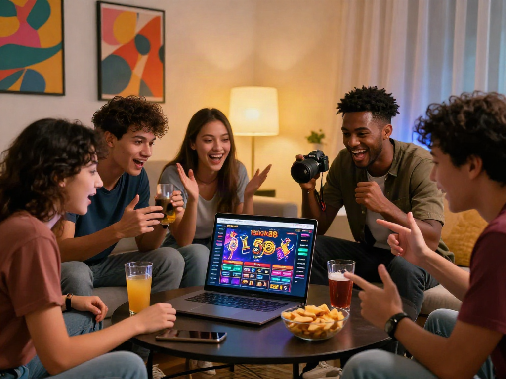Friends enjoying rokok88 daftar on a laptop in a cozy setting