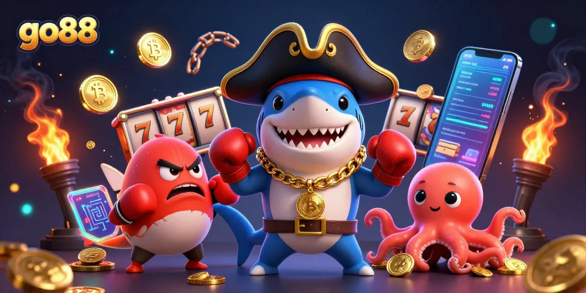 Experience thrilling go88 gameplay with the animated shark and friends at an exciting casino.