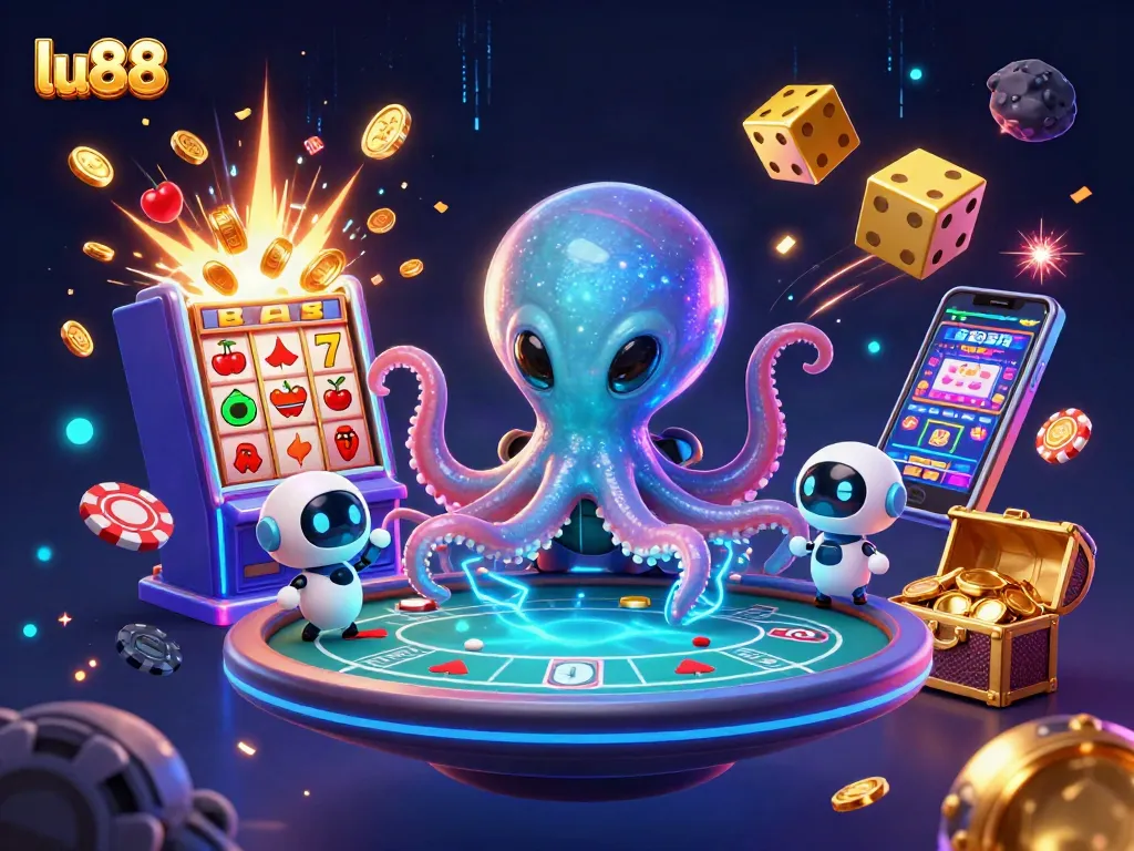 Experience thrilling gaming at lu88, featuring an alien octopus in a dazzling casino universe.