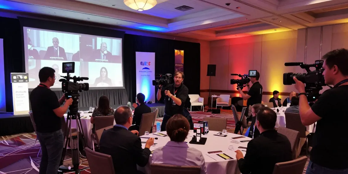 Conference video production Los Angeles, California showing a team capturing event footage in a vibrant hotel ballroom.
