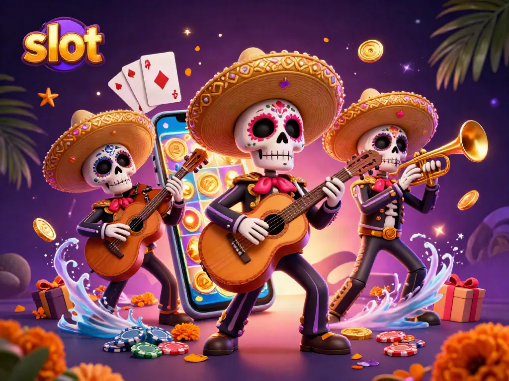 Engaging 3D scene depicting Dia de los Muertos skeletons enjoying vibrant slot games with coins spilling from a smartphone.