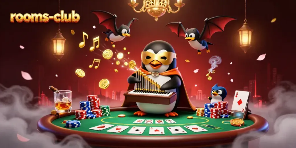 Permainan slot dengan JANDA4D di rooms-club, menampilkan penguin opera dan elemen kasino yang berwarna-warni.