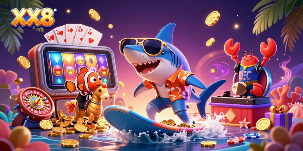 Experience thrilling gaming excitement with XX8's dynamic casino adventure featuring vibrant characters and golden coins.