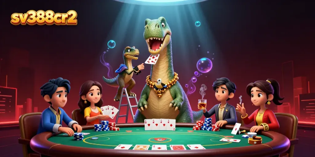 Engage with sv388cr2 as a gigantic brontosaurus oversees a lively card game in this animated casino scene.
