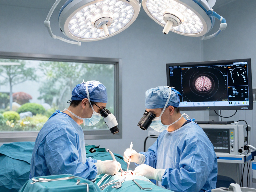 Beyin tümörü ameliyatı in a serene surgical room with skilled neurosurgeon, precise tools, and advanced imaging technology.