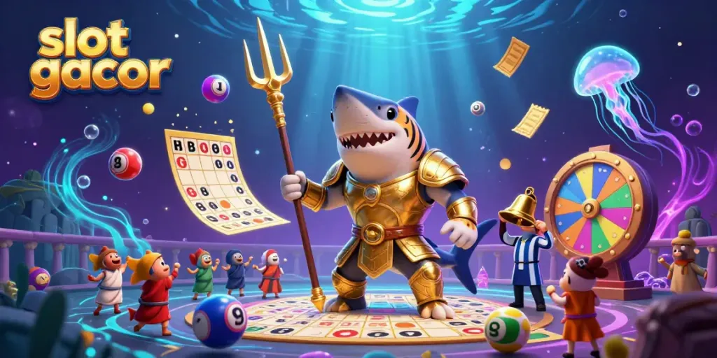 Experience the thrill of slot gacor with vibrant underwater characters and casino elements in this captivating illustration.