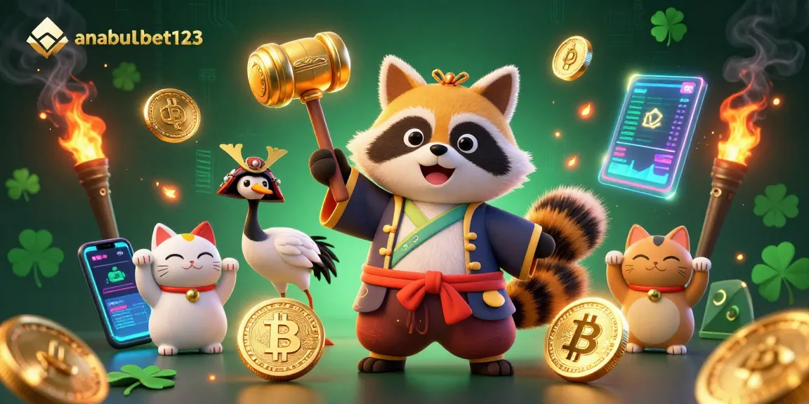 Gambarkan anabulbet123 dalam ilustrasi 3D berwarna-warni dengan elemen kasino yang menggembirakan.