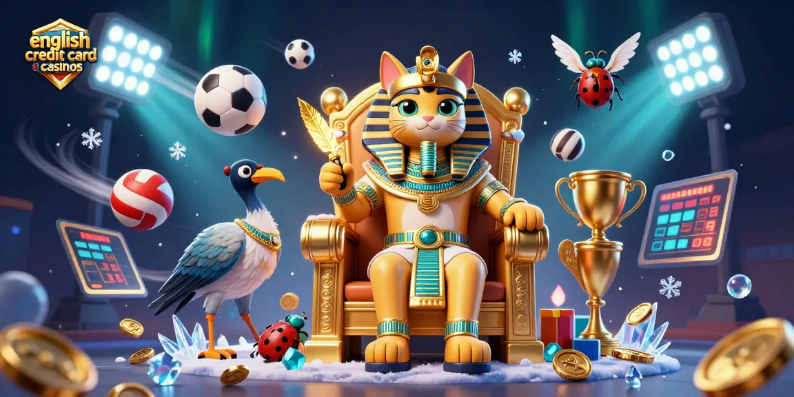 Engage in thrilling action at english credit card casinos featuring a vivid scene with a pharaoh cat, sports elements, and vibrant lights.