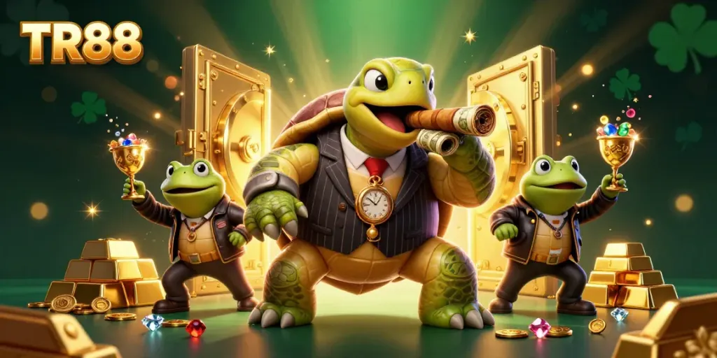 TR88 showcases a lively scene featuring a massive snapping turtle in a mobster suit and two bullfrog enforcers, amidst treasures lighting the casino floor.
