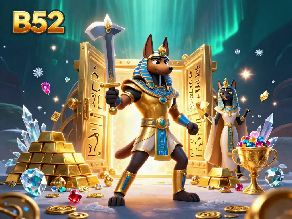 B52 casino illustration depicting Anubis and Bastet guardians with treasures for gamers.