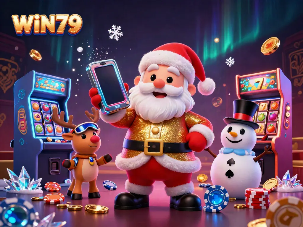 Engage with thrilling wins at WIN79 featuring Santa, reindeer, and snowman in dynamic casino setting.