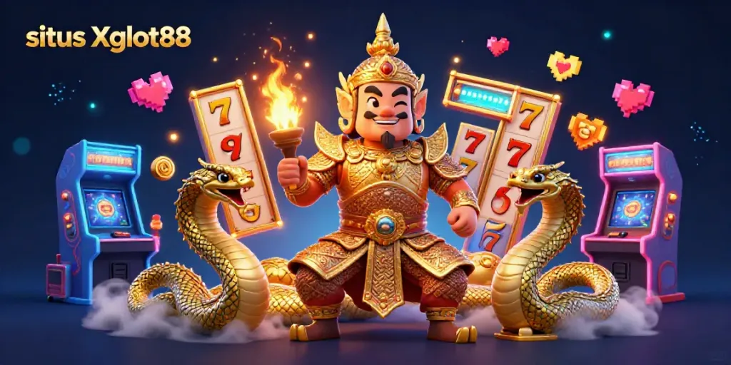 Tampilkan situs Xgslot88 dengan penjaga kuil Thai dalam armor emas dikelilingi mesin slot berwarna.