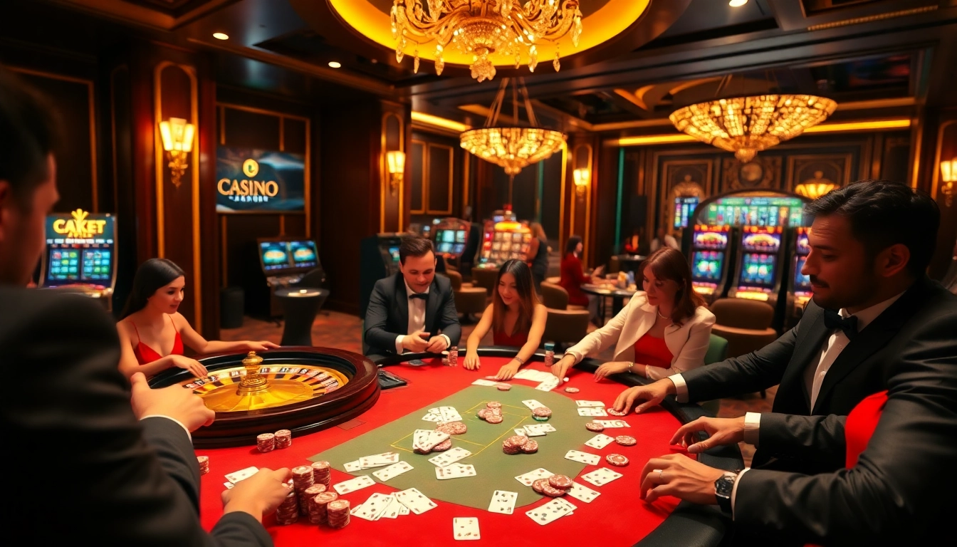 Vivez le frisson des paris sur un site de casino en ligne luxueux avec des tables de poker et des roues de roulette.