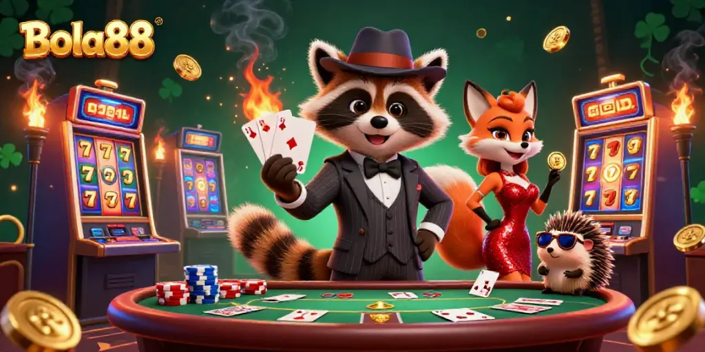 Experience thrilling moments with the Bola88 casino scene featuring a suave raccoon and a fox lady in a lively atmosphere.