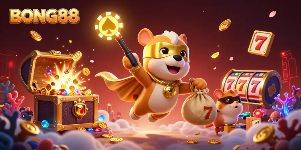 BONG88 demonstrates thrilling slots action with a superhero dog and vibrant casino elements.