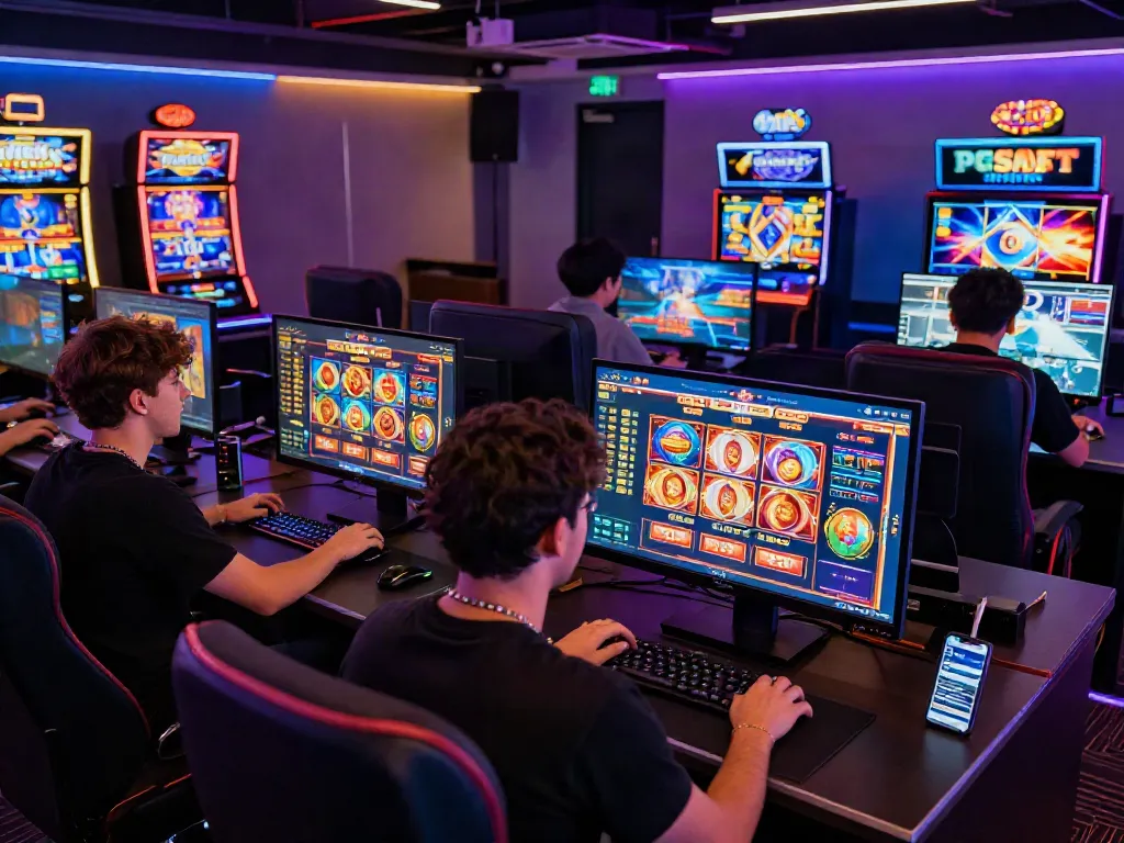 Players enjoying online slot games in a lively gaming atmosphere at BMWSLOT88.