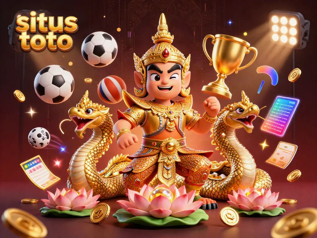 Engage in situs toto with a lively scene featuring a Thai guardian, Naga serpents, and dynamic sports elements.