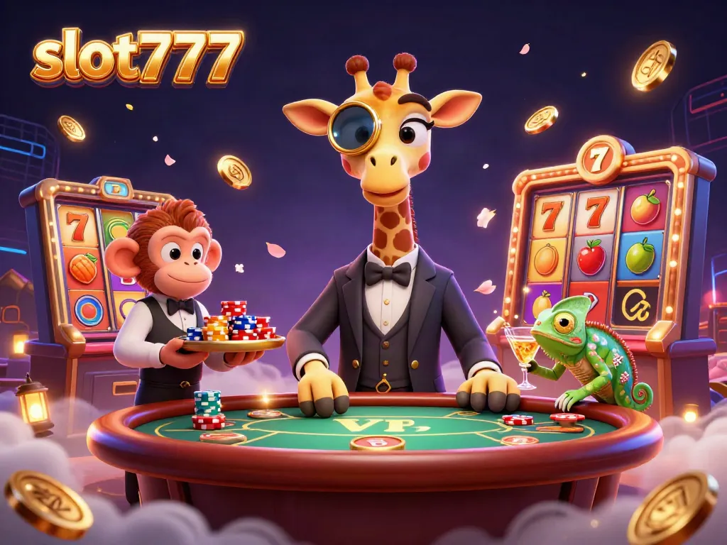 Slot777 menampilkan simbol jackpot dan karakter animasi ceria dalam ilustrasi yang kaya detail.