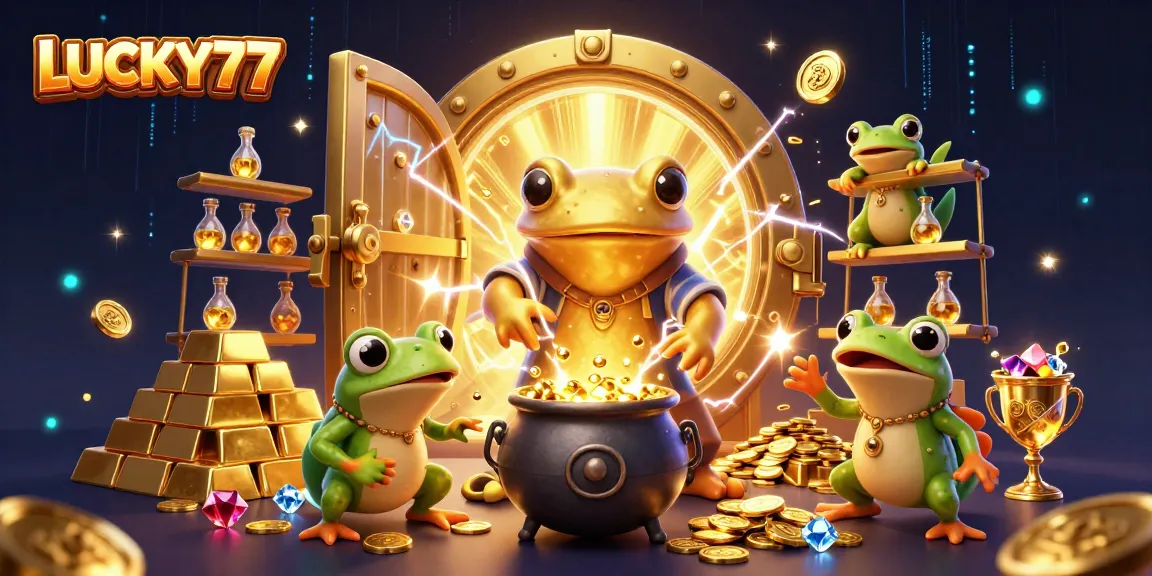 LUCKY77 showcases a golden salamander alchemist transmuting elements amid vibrant casino riches.