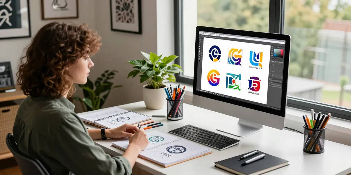 Ekspert od logo pracujący w nowoczesnym biurze graficznym, otoczony narzędziami projektowymi.