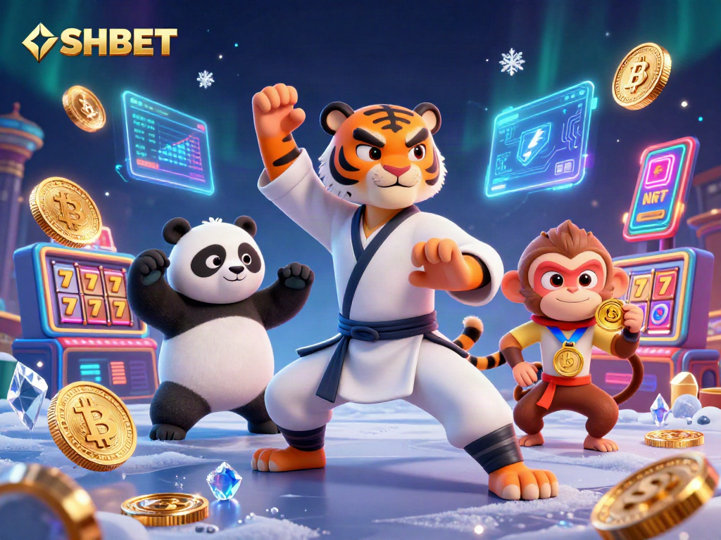 SHBET showcases a vibrant casino scene with kung fu tiger master, crypto coins, and dynamic slot reels.